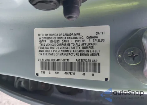 2012 Honda Civic Lx z USA, uszkodzony, nr VIN 2HGFB2F54CH522246